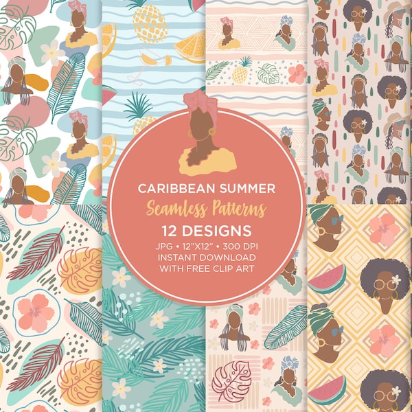 Boho Summer Digital Paper, Caribbean Seamless Files, Tropical Summer Surface Pattern, Caribbean American Women, Women Clip Art