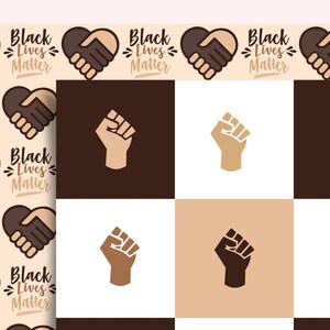 May include: A black and white checkerboard pattern with a repeated image of a heart with two hands clasped inside. The text "Black Lives Matter" is written on the heart. The checkerboard pattern alternates between brown and white squares. Each square has a raised fist in the center. The fists alternate between brown and light brown.