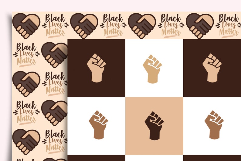 May include: A black and white checkerboard pattern with a repeated image of a heart with two hands clasped inside. The text "Black Lives Matter" is written on the heart. The checkerboard pattern alternates between brown and white squares. Each square has a raised fist in the center. The fists alternate between brown and light brown.
