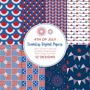 4th of July Digital Paper Seamless, Stars and Stripes, Red White and Blue, Independence Day Digital Paper, Patriotic Digital Paper pack