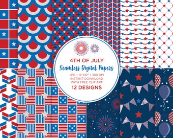 4 juillet Digital Paper Seamless, Stars and Stripes, Red White and Blue, Independence Day Digital Paper, Patriotic Digital Paper pack