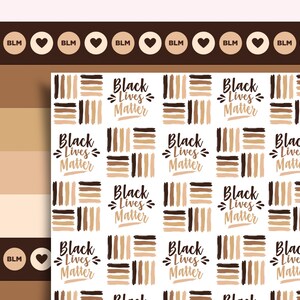May include: A digital paper pack with a repeating pattern of brown and black brushstrokes and the text "Black Lives Matter". The paper pack also includes a brown and beige striped pattern with black circles containing the text "BLM" and a heart.