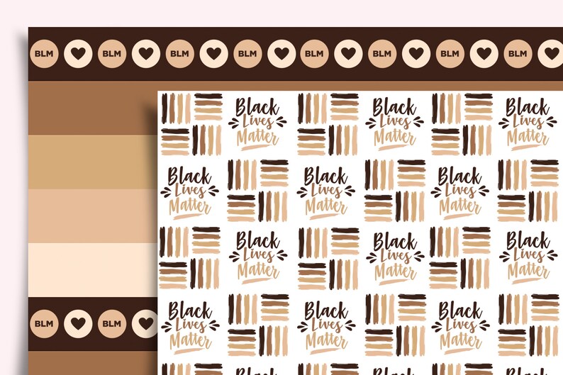 May include: A digital paper pack with a repeating pattern of brown and black brushstrokes and the text "Black Lives Matter". The paper pack also includes a brown and beige striped pattern with black circles containing the text "BLM" and a heart.