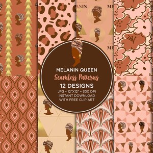 Carta digitale Melanin Queen, modello senza cuciture principessa africana, modello ripetuto di donna nera, modello di superficie della storia nera
