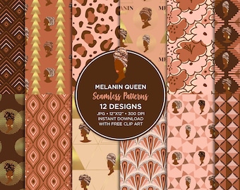 Modèles sans couture Melanin Queen : femme africaine, papier numérique (JPG, PNG)
