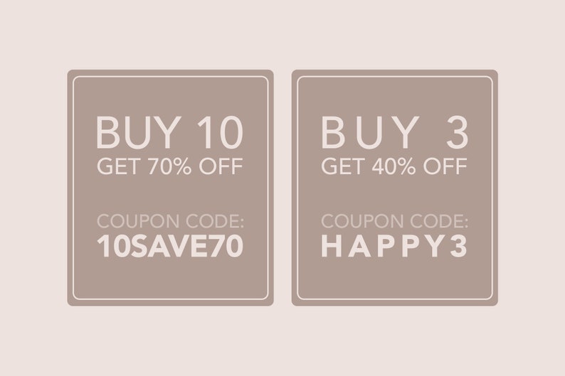 May include: Two brown squares with white borders and white text. The left square says "BUY 10 GET 70% OFF COUPON CODE: 10SAVE70". The right square says "BUY 3 GET 40% OFF COUPON CODE: HAPPY3".
