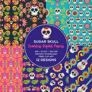 Sugar Skull Digital Paper, Dia de los Muertos, Tag der Toten Muster nahtlos, Digitales Scrapbooking Papier, für Einladungen, für Stoff