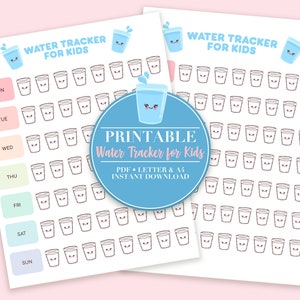 Kawaii Water Tracker voor kinderen afdrukbaar, Hydratatie Tracker voor kinderen afdrukbaar, Water Tracker Journal afdrukbaar, Letter- en A4-formaat, PDF