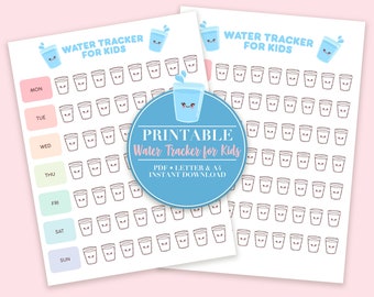Kawaii Water Tracker for Kids printable, Hydration Tracker for Kids printable, Water Tracker Journal Printable,Letter and A4 size, PDF