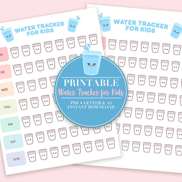 Kawaii Water Tracker for Kids printable, Hydration Tracker for Kids printable, Water Tracker Journal Printable,Letter and A4 size, PDF