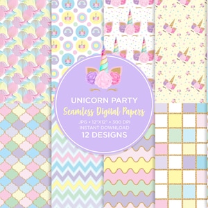 Carte digitali senza cuciture Unicorn, modelli di superficie unicorno magico, modello di compleanno Unicorn Princess, file arcobaleno pastello senza soluzione di continuità