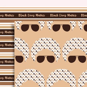 May include: A digital paper with a pattern of brown raised fists on a beige background. The text "Black Lives Matter" is repeated in black on a brown and white striped background.