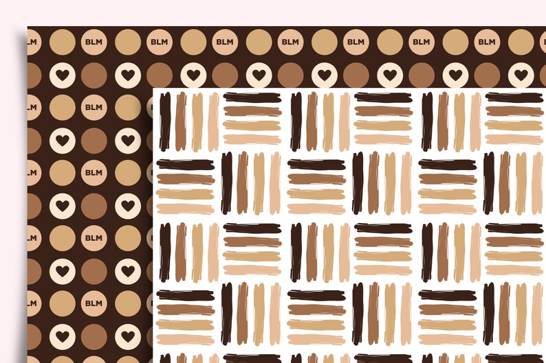 May include: Two seamless patterns featuring brown, beige, and white colors. The first pattern is a brown background with white hearts and white circles with the text "BLM" in black. The second pattern is a white background with brown, beige, and white horizontal stripes.