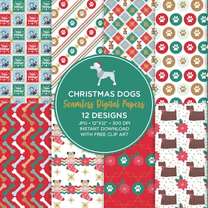 Papel digital para perros de Navidad, iconos de planificador de imágenes prediseñadas para perros de Navidad, papel de álbum de recortes para perros navideños