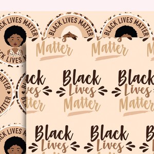 May include: A seamless pattern featuring the phrase "Black Lives Matter" in brown and black text on a light brown background. The pattern also includes circular designs with the same phrase and a black and brown illustration of a person with brown skin.