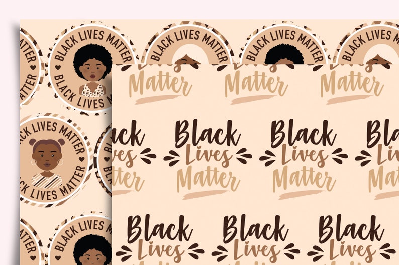 May include: A seamless pattern featuring the phrase "Black Lives Matter" in brown and black text on a light brown background. The pattern also includes circular designs with the same phrase and a black and brown illustration of a person with brown skin.