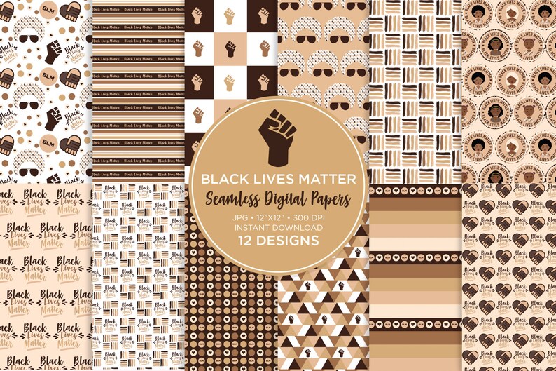 May include: Twelve digital paper designs in brown and white featuring various patterns including stripes, polka dots, hearts, and geometric shapes. The text "Black Lives Matter Seamless Digital Papers" is displayed in the center of the image.