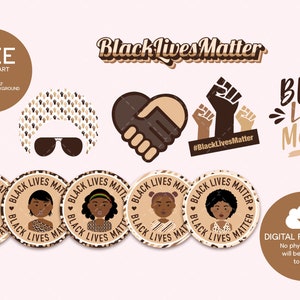 May include: A set of digital clipart featuring the phrase "Black Lives Matter" in various styles. The clipart includes a heart with clasped hands, a fist raised in the air, and a woman with an afro wearing sunglasses. The clipart is in brown and black colors.