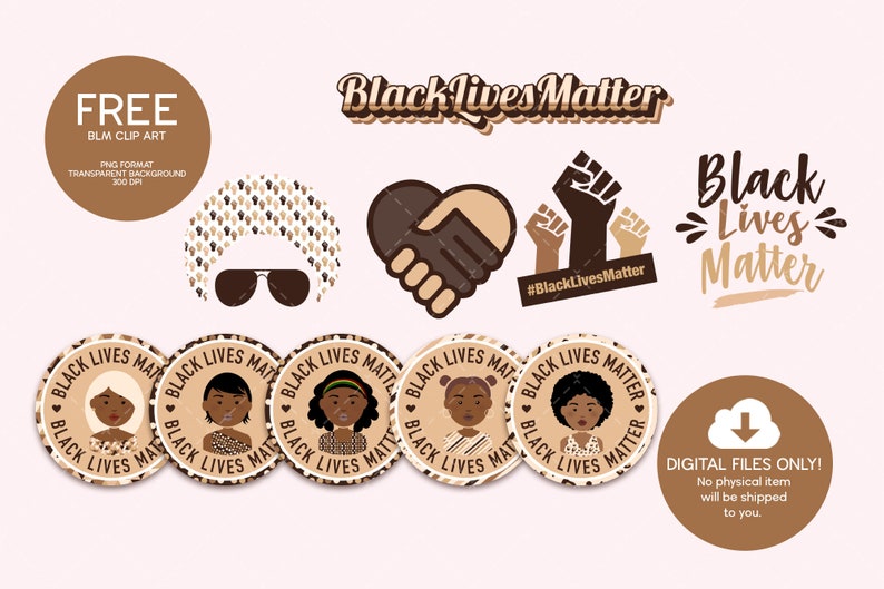 May include: A set of digital clipart featuring the phrase "Black Lives Matter" in various styles. The clipart includes a heart with clasped hands, a fist raised in the air, and a woman with an afro wearing sunglasses. The clipart is in brown and black colors.