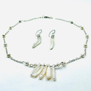 Long and Button Real Pearls on Sterling Silver chain necklace and Long Pearl Earrings.