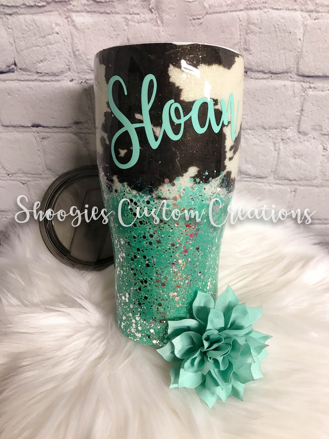 Cowhide Glitter Tumbler Turquoise Chunky Glitter Tumbler Etsy