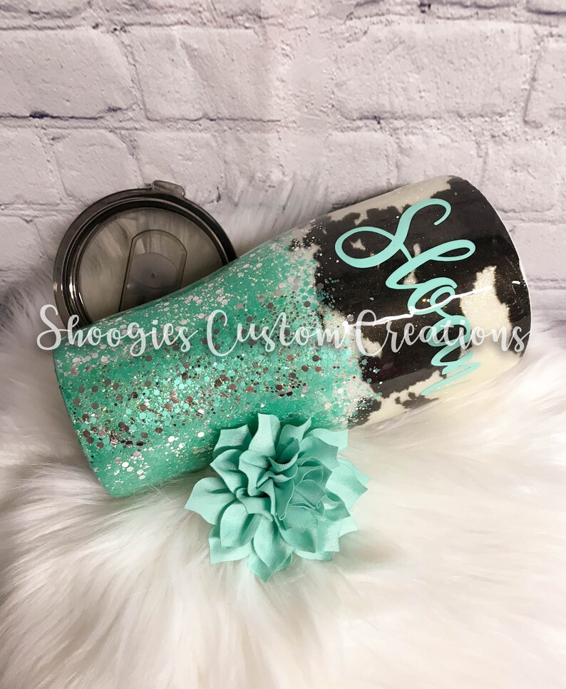 Cowhide Glitter Tumbler Turquoise Chunky Glitter Tumbler Etsy