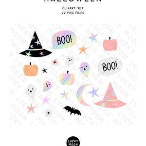 Pastel Halloween clipart Pink Halloween clip art cute holo halloween illustrations iridescent rainbow pastel pumpkin ghosts witch hat moon image 2