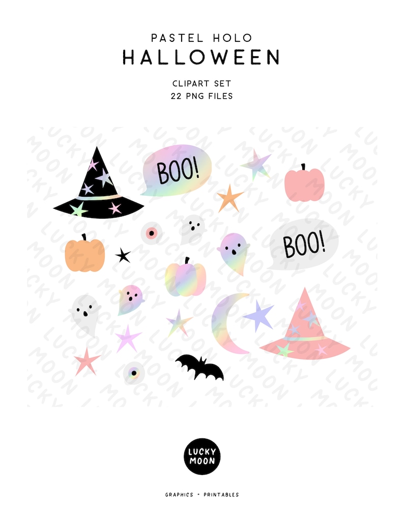 Pastel Halloween clipart Pink Halloween clip art cute holo halloween illustrations iridescent rainbow pastel pumpkin ghosts witch hat moon image 2