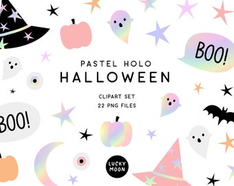 Pastel Halloween clipart Pink Halloween clip art cute holo halloween illustrations iridescent rainbow pastel pumpkin ghosts witch hat moon