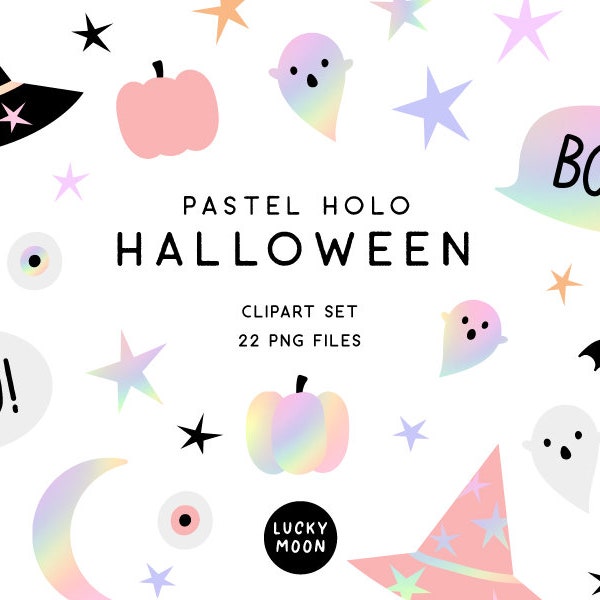 Pastel Halloween clipart Pink Halloween clip art cute holo halloween illustrations iridescent rainbow pastel pumpkin ghosts witch hat moon