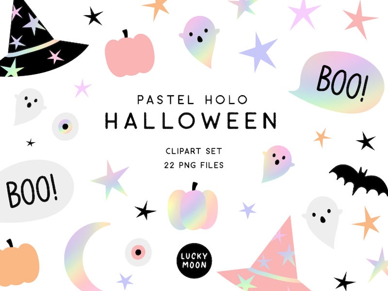 Pastel Halloween clipart Pink Halloween clip art cute holo halloween illustrations iridescent rainbow pastel pumpkin ghosts witch hat moon image 1