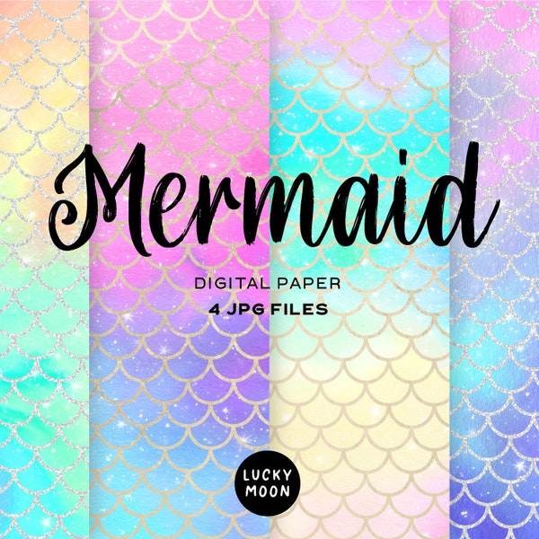 Mermaid digital paper watercolour sparkle rainbow pastel texture background galaxy swirly colourful printable scrapbooking commercial use