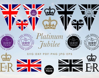 Queens Platinum Jubilee svg png dxf cricut cut files silhouette clipart union jack flag crown logo party download printable commercial
