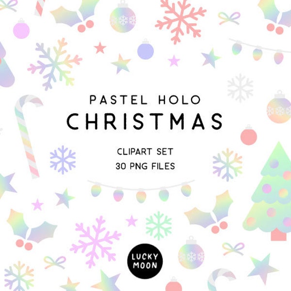 Pastel Christmas clipart Pink Holiday clip art cute holo illustrations iridescent rainbow pastel snowflake tree holly candy canes stars