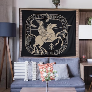 Odin and Sleipnir Wall Tapestry / Viking Decor / Norse Mythology / Viking Flag Gift / Odin Decal / Viking Home / Elder Futhark Runes