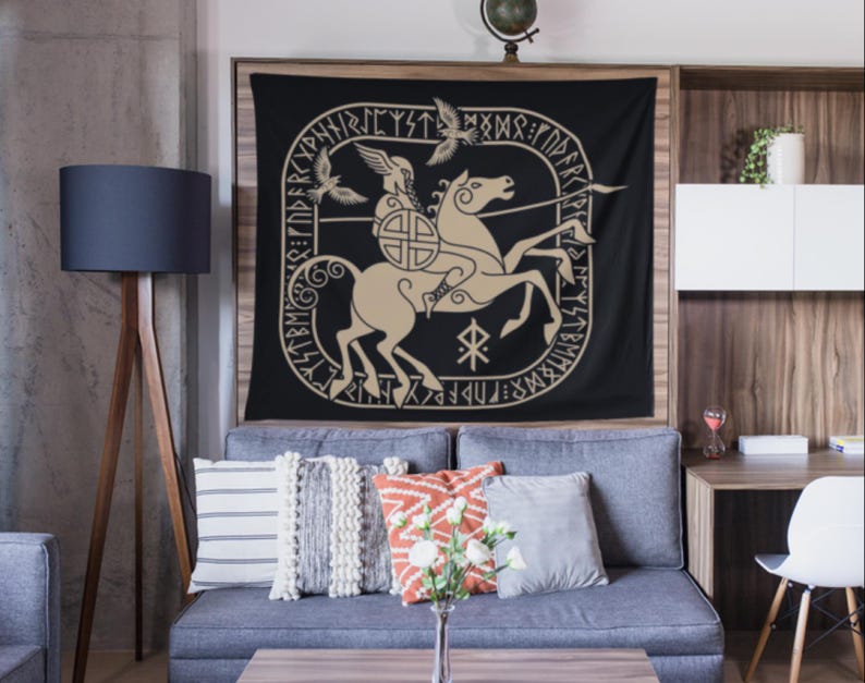 Odin and Sleipnir Wall Tapestry / Viking Decor / Norse Mythology / Viking Flag Gift / Odin Decal / Viking Home / Elder Futhark Runes