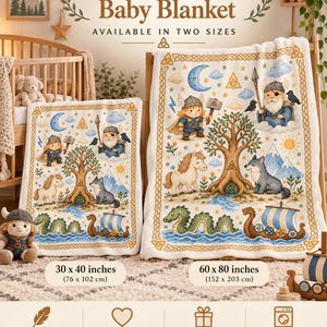 May include: Two white fleece baby blankets featuring Norse mythology illustrations including Thor, Odin, a tree, a wolf, a dragon, and a Viking ship. The blankets are labelled with sizes 30 x 40 inches (76 x 102 cm) and 60 x 80 inches (152 x 203 cm).