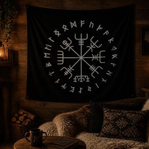 Vikingaväv | Nordisk hjälm av vördnad Runeväggbonad | Vikinga Rune Circle Väggkonst | Skandinavisk mytologidekor | Nordisk hemgåva