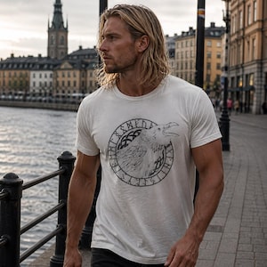 Viking Raven T-Shirt, Norse Mythology Tee, Huginn Muninn Shirt, Nordic Rune Circle, Scandinavian Viking Clothing image 1