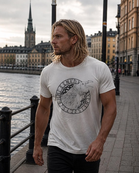 Viking Raven T-Shirt, Norse Mythology Tee, Huginn Muninn Shirt, Nordic Rune Circle, Scandinavian Viking Clothing