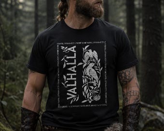 Valhalla Viking T-Shirt | Nordische Mythologie Shirt | Odin Raben Hugin und Munin | Nordisch Ästhetische Kleidung | Krieger Geschenk für Männer