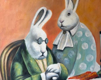 May include: An oil painting shows two rabbit figures. One, in a green coat and spectacles, sits with a cane. The other, in a blue polka-dot coat, stands nearby. Carrots are on a table. The background is orange.