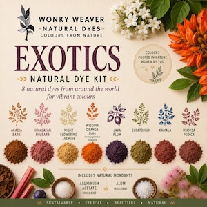May include: A Wonky Weaver natural dye kit featuring eight plant-based powders including acacia bark, Himalayan rhubarb, jasmine, orange Butea monosperma, Java plum, eupatorium, kamala, and mimosa pudica, with aluminium acetate and alum mordants.