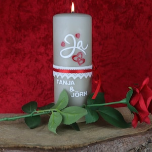 Wedding candle vintage in taupe with lettering, double heart and bobbin lace, wedding candle wedding, wedding candle personalized