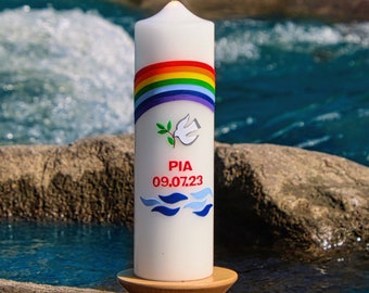 Baptismal candle rainbow, dove and waves, beautiful hand-decorated baptism candle for boys or girls, personalizable with name and date