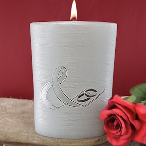 Wedding candle oval with mother of pearl surface, &quot;&&quot; symbol and rings, wedding candle special shape, personalized wedding candle, wedding decoration