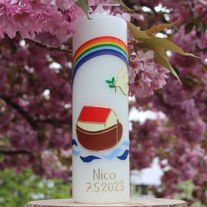 Baptismal candle Noah&#39;s Ark with rainbow and dove, baptismal candle rainbow, candle for baptism for boys and girls, personalizable with name