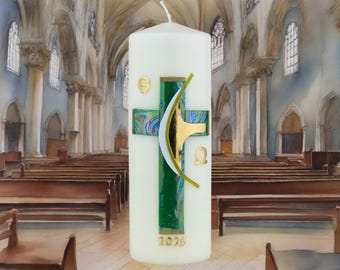 Pad van het Geloof – Handgemaakte christelijke Paaskaars met kruis & Alpha Omega, spirituele woondecoratie, bijenwas of paraffine