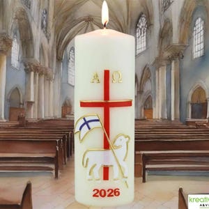Lamb of Hope – Handmade Christian Easter Candle with Agnus Dei, Cross & Alpha/Omega, Beeswax or Paraffin, Spiritual Home Decor