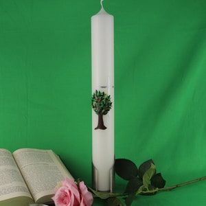 Christening candle tree of life with silver cross in ivory, hand-decorated slim christening candle for boys or girls, personalizable